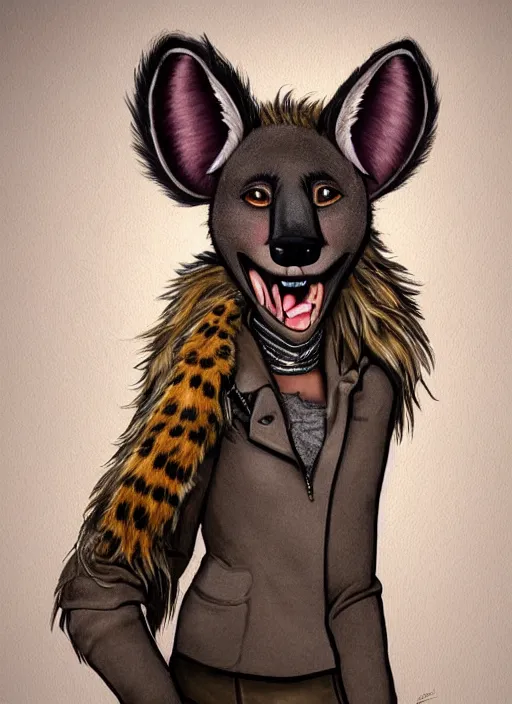 Prompt: award winning beautiful portrait commission of a female furry anthro hyena fursona with a bushy tail and a leather jacket, in a rock bar!!, cute, beautiful, attractive, detailed,