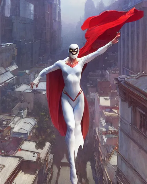 Prompt: wide angle of superhero - white cape levitating over the street below, arms spread wide, highly detailed, digital painting, artstation, concept art, smooth, sharp focus, illustration, art by artgerm, greg rutkowski, alphonse mucha, j. c. leyendecker