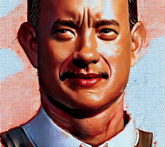 Prompt: Tom hanks as forrest gump wearing a necklace made out of shrimps around the neck, realistic face, digital art, in the style of Marek Okon, amazing detail, artstation, long shot