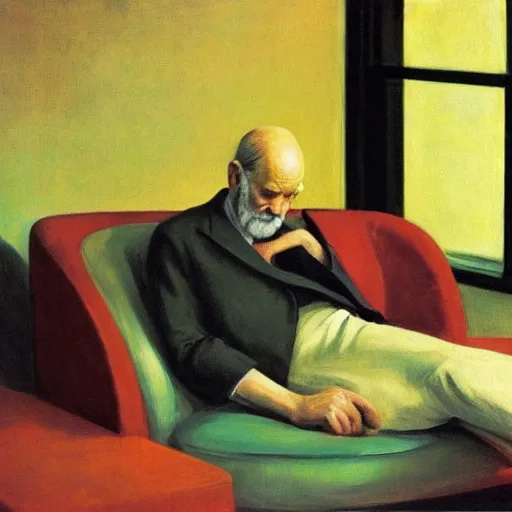 Image similar to an Sigmund freud lying on the couch in a therapy room by Edward Hopper