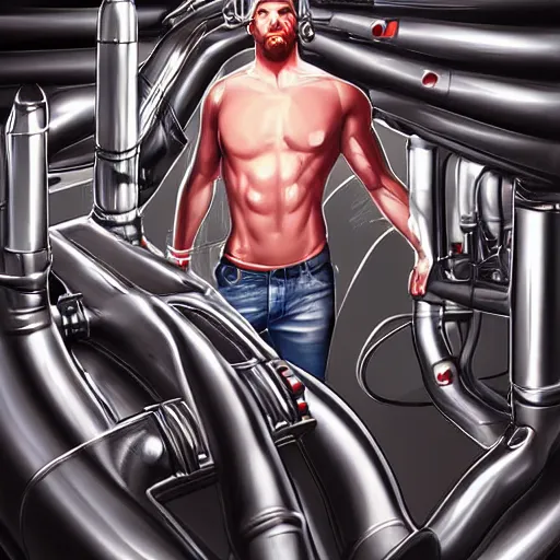 Image similar to man standing inside a v 8 engine, pistons are firing in the background, he is panicking, digital art, in the style of artgerm