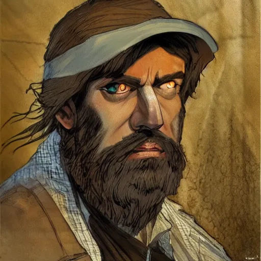 Image similar to beautiful portrait of a young bearded man, in the style of Enki Bilal and Joe Jusko and Alex Ross