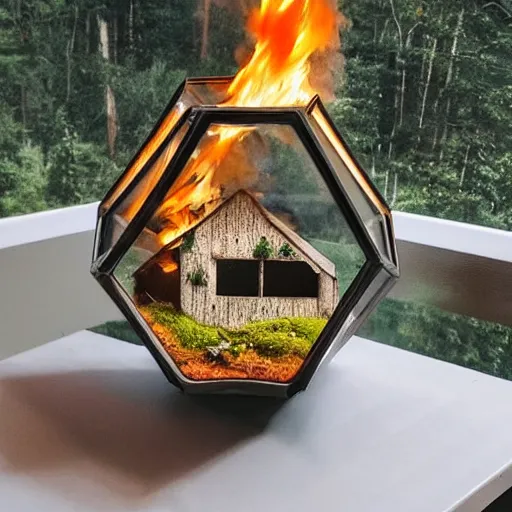 Image similar to a terrarium with cozy cabin on fire, night, inside on top of a minimalist table, lit from the side