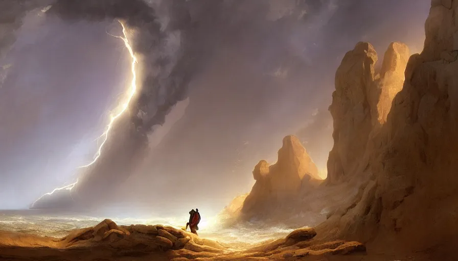 Prompt: a glowing magical portal inside a big wave made of sand fantasy desert, portal, a man watching over, lightning, arabia, by caspar david friedrich by james gilleard and justin gerard, artstation, smooth, sharp focus, by jean baptiste, bernardo bellotto