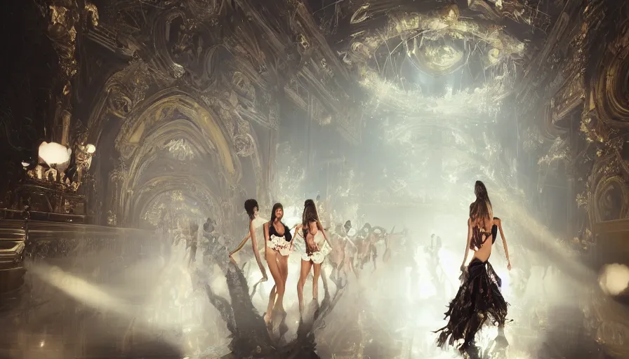 Prompt: victoria secret runway show, light, shadows, reflections, flowers, epic composition, intricate, elegant, volumetric lighting, digital painting, highly detailed, artstation, sharp focus, illustration, concept art, ruan jia, steve mccurry, greg rutkowski, mina petrovic, timothy kong, marina federovna, concept art, iconic