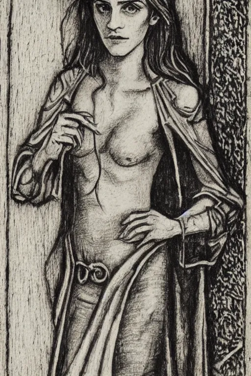 Image similar to realistic medieval etching of emma watson, high detail, elaborate composition, quality draughtmanship, detailed faces. by austin osman spare, occult art, alchemical diagram