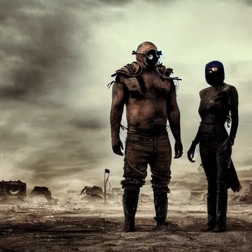 Image similar to a very huge, very big masked mutant man standing next to a small blonde woman, they are staring at the horizon where there are the ruins of a city, postapocalyptic, mad max style, award winning photograph, photo