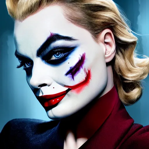 Image similar to beautiful margot robbie with joker makeup, highly detailed, realistic face, digital art