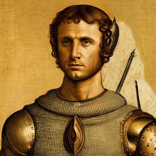Prompt: Emmanuel Macron portrait in Renaissance armor, detailed, cinematic light, art by Leonardo da Vinci
