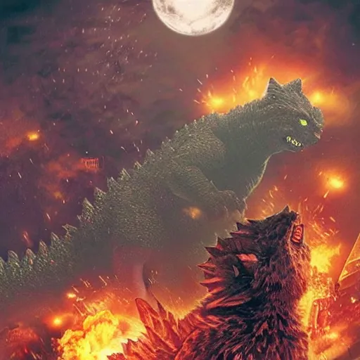 Prompt: kitty - godzilla destroying a city