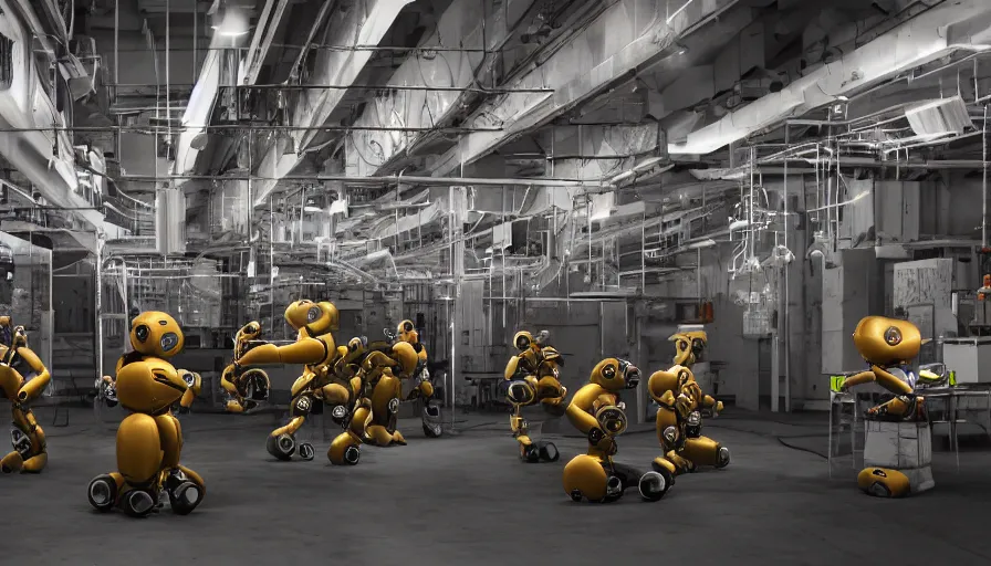 Image similar to award winning photo of robots in an art factory, dramatic lighting, 4 k