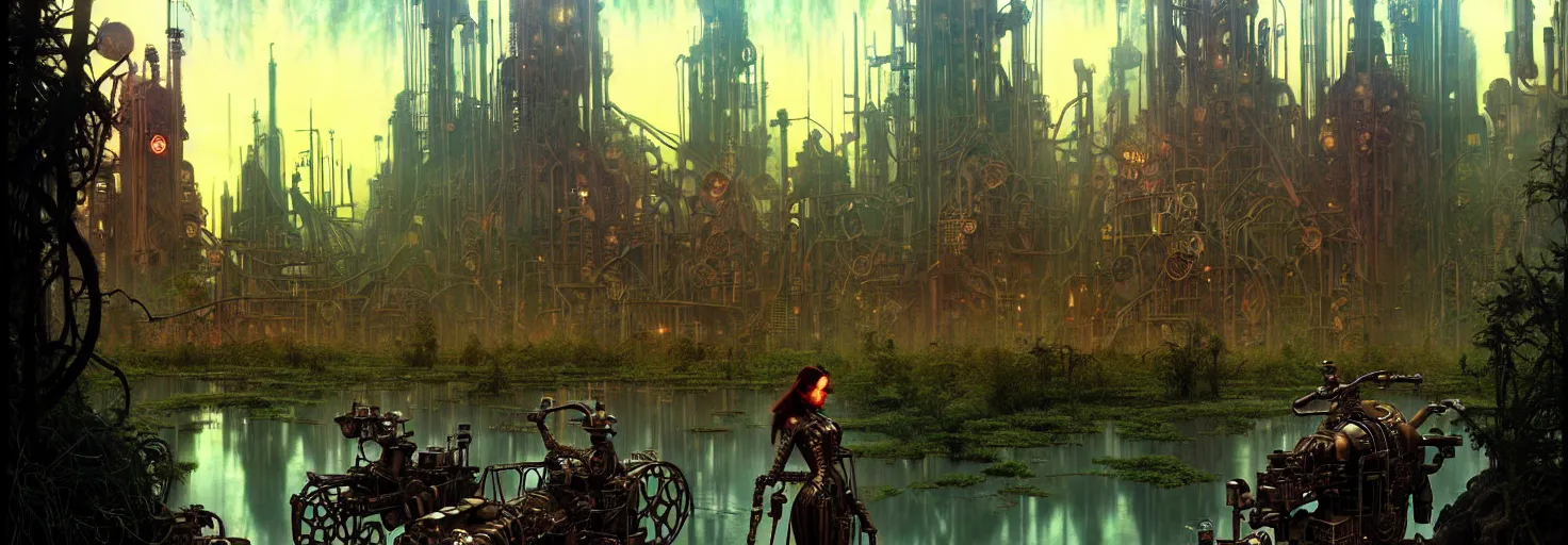 Image similar to steampunk cybercity in a swamp, godrays, cinematic, poster art by james gurney, weta studio, lucasfilm jesper ejsing, norman rockwell, mucha, ilya kuvshinov, greg rutkowski frank frazzeta on artstation