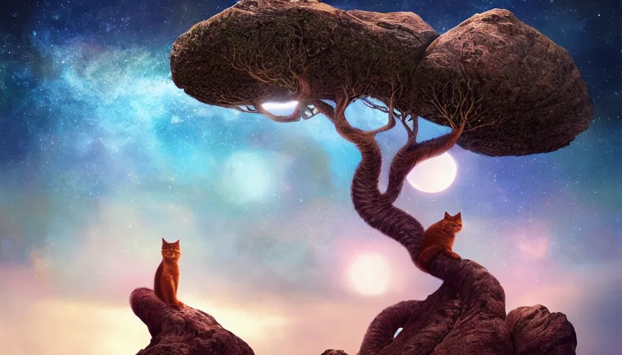 Prompt: very very small cat, sitting on a gigantic dragon tree in moonlit socotra island by ilya kuvshinov, starry night, rtx rendering, octane render 1 2 8 k, maya, extreme high intricate details by tom bagshaw, medium shot, close up shot, composition by sana takeda, lighting by greg rutkowski