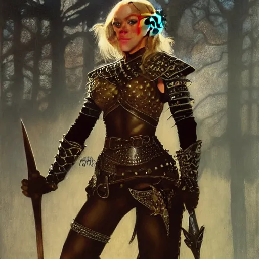 Image similar to half length portrait of hannah waddingham as an elf ranger in studded leather armor, d & d, medieval, fantasy, royo, klimt, miro, vallejo, frazetta, alphonse mucha, greg rutkowski, whealan