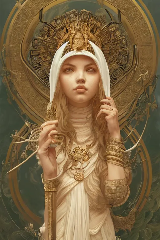 Prompt: ultra realistic illustration, a jade statue of hannah murray as the goddess athena, intricate, elegant, highly detailed, digital painting, artstation, concept art, smooth, sharp focus, illustration, art by artgerm and greg rutkowski and alphonse mucha