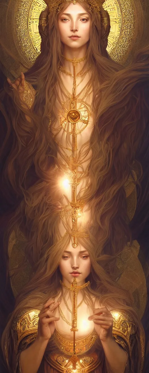 Image similar to perfectly detailed tarot card empress goddess of light!! blessed by nature with ever - increasing physical mental perfection, symmetrical! intricate, sensual features, highly detailed, biblical divine holy perfection!! digital painting, artstation, concept art, smooth, sharp focus, illustration, art by artgerm and greg rutkowski and alphonse mucha