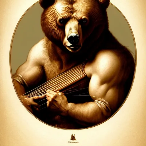 Image similar to renaissance upper body portrait of a realistic bear playing lute, lean and toned, handsome face, hairy chest, D&D, intricate, elegant, highly detailed, digital painting, artstation, concept art, matte, sharp focus, illustration, art by da Vinci, Artgerm and Greg Rutkowski and Alphonse Mucha