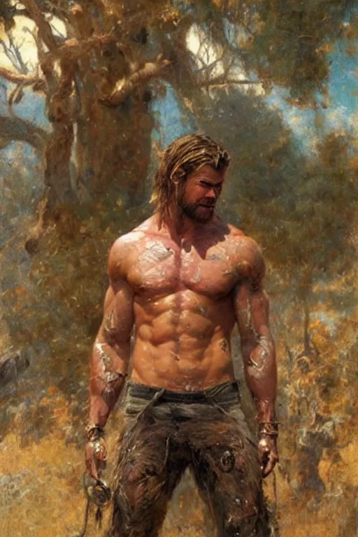 Prompt: chris hemsworth with a hairy shredded body type painting by gaston bussiere and greg rutkowski, trending on cgsociety