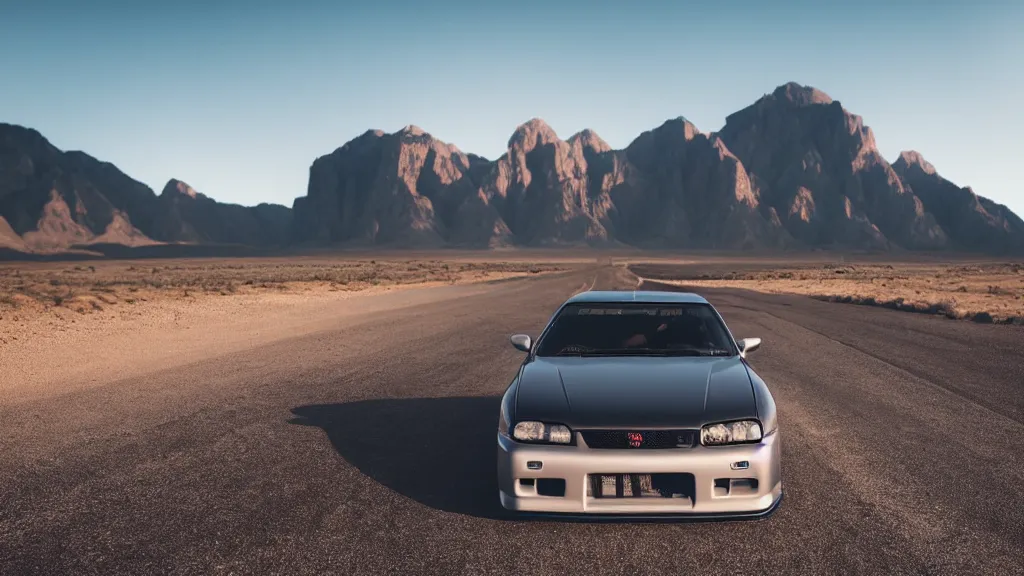 Image similar to three quarter front photo of a stock dark grey nissan r 3 2 skyline gtr on a road in a desert with a mountain in the background in the early morning, car photography, depth of field, zoom lens, blue hour, photorealistic