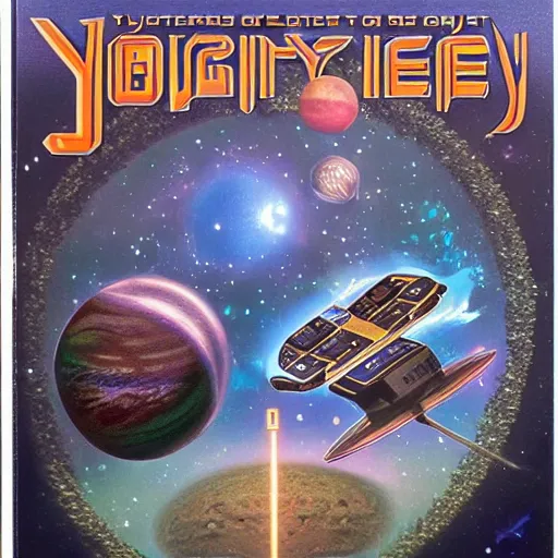 Image similar to video game box art of a commodore 6 4 game called journey to jupiter, 4 k, highly detailed cover art.