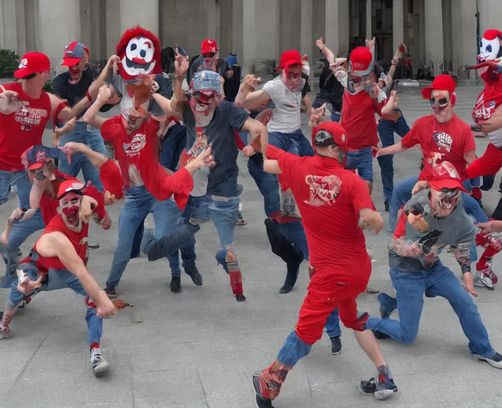 Prompt: a small group of angry clowns wearing red trucker hats dancing around a government building