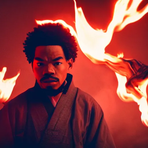 Image similar to cinematic film still of Chance The Rapper starring as a Samurai holding fire, Japanese CGI, VFX, 2022, 40mm lens, shallow depth of field, film photography