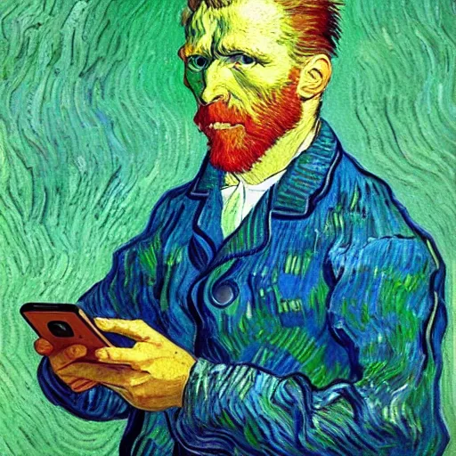 Image similar to a vivid self portrait of van Gogh, holding a smartphone, oil on canvas, trending on artstation