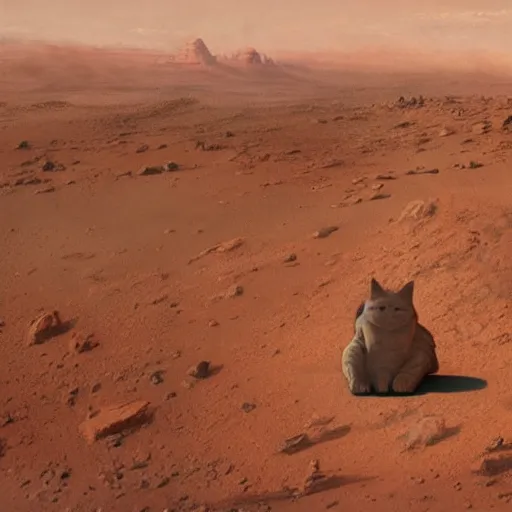 Prompt: painting of an ancient cat statue on mars surface, visible in distance, partially covered in dust, style of greg rutkowski