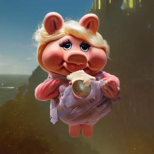 Image similar to cute miss piggy falling from plane, cute and cuddly, highly detailed, photorealistic, octane render, 8 k, unreal engine. art by artgerm and greg rutkowski and alphonse mucha