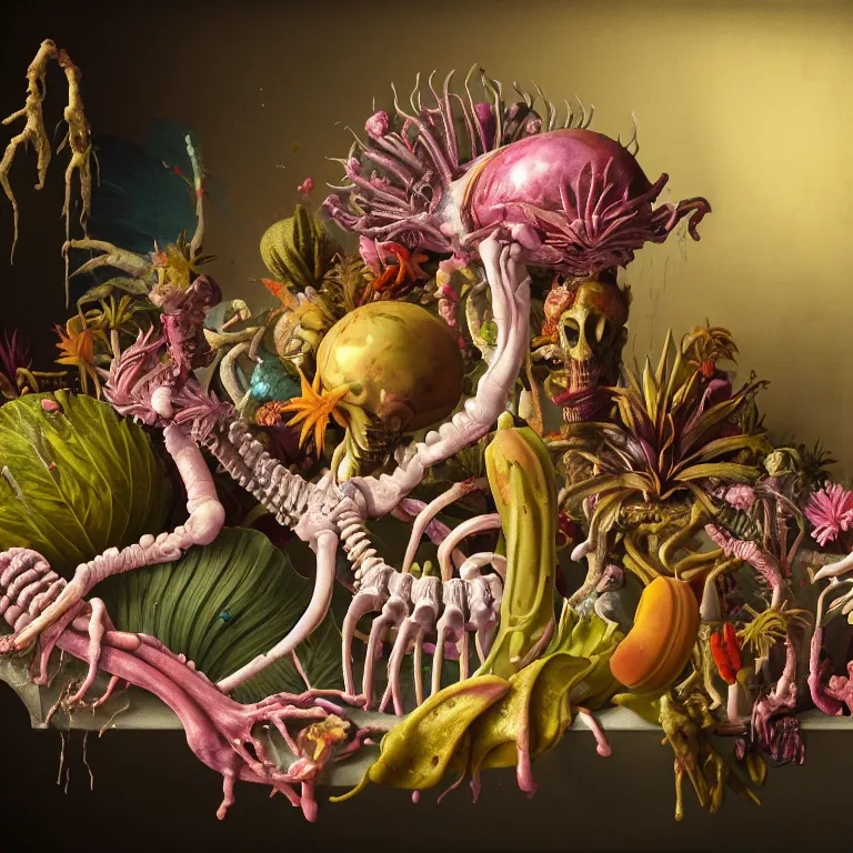 Prompt: still life of surreal alien pastel tropical flowers, rotten moldy colorful mold, dripping pastel paint, surreal alien ribbed tropical fruit, white human spine, ribs, muscle tissues, baroque painting, beautiful detailed intricate insanely detailed octane render, 8K artistic photography, photorealistic, chiaroscuro, Raphael, Caravaggio