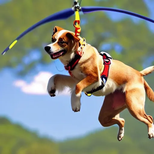 Image similar to a dog parachuting from a helicopter, stock photo