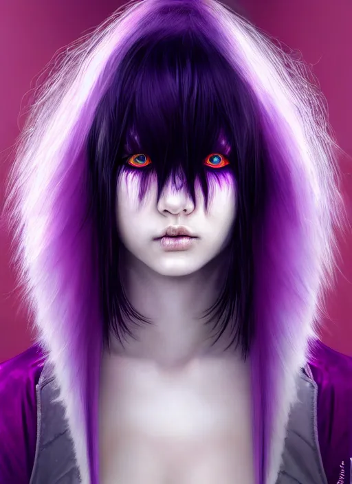 Image similar to hair whitebangs hair, black cyberlox, portrait of normal teenage girl, white bangs, messy bangs, fluffy bangs, cyberlox, whitebangs, red contact lenses, purple background, intricate, elegant, highly detailed, digital painting, artstation, concept art, sharp focus, smooth, illustration, art by wlop, mars ravelo and greg rutkowski