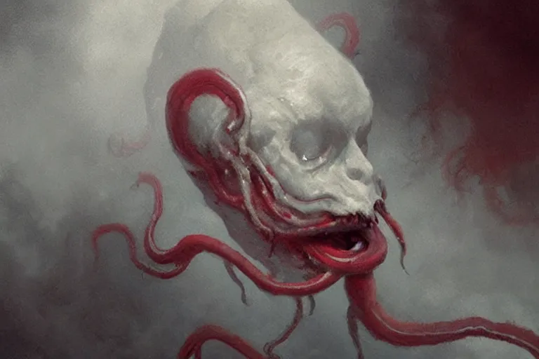 Image similar to painting by greg rutkowski of a floating human head and face that is chalk white in color, with tentacles coming downwards of the neck, red eyes, flying in a terrying hell like cavernous place