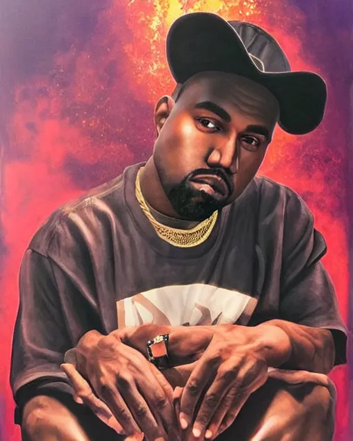 Prompt: kanye west in donda listening party 2 0 2 1, airbrush, drew struzan illustration art, key art, movie poster