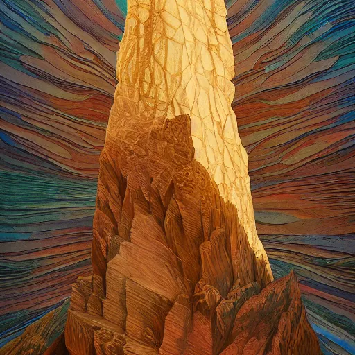 Prompt: prismatic layered 3d kraft paper art with hard creases and folds by Wes Anderson , hoodoo rock formation aesthetic by Franklin Booth, detailed matte painting with vibrant acrylic pigments, recycled materials trending on artstation