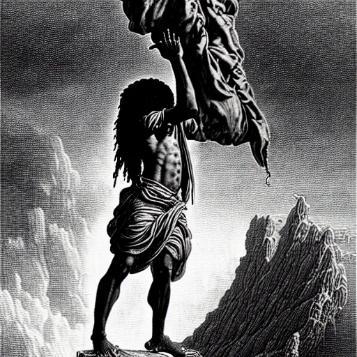 Prompt: cheef keef ascending into heaven holding pounds of weed bags, biblical image, style of gustave dore, highly detailed, beautiful, high contrast, black and white