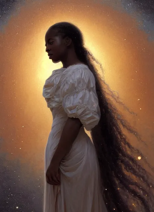 Image similar to oil painting close up portrait of a contemplative young black woman with long flowing hair in a dress made of nebular stardust galaxies, with white roses at sunset, crescent moon, hazy, digital art, chiaroscuro, artstation, cinematic, golden hour, concept art, digital art painting by greg rutkowski, william - adolphe bouguereau, hazy atmosphere, cinematic lighting