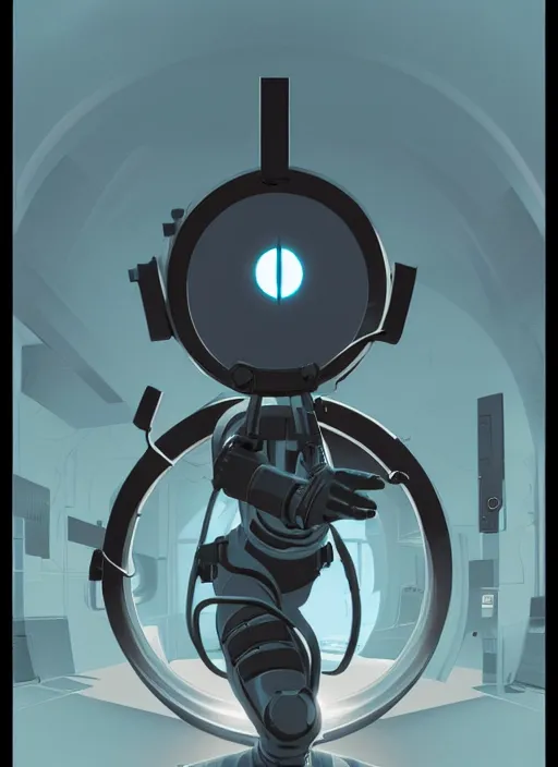 Image similar to poster artwork by Michael Whelan and Tomer Hanuka, of the game Portal, from Valve, Aperture Science, clean