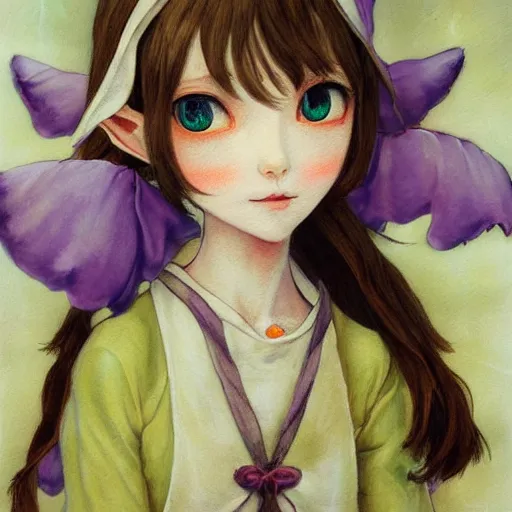 Prompt: little elf girl, tunic, soft hair. light color palate, purple, yellow and white. detailed soft painting, ayami kojima, made in abyss, anatomically correct, inspired in balthus, high detailed face anime