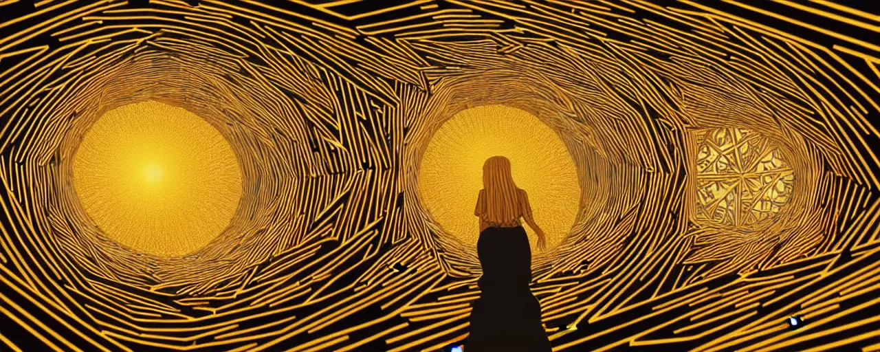 Image similar to vivid illustration of a person choosing between tunnels with groups of people inside, within a highly intricate torus with detailed golden ornamentation and golden light, choosing between pathways