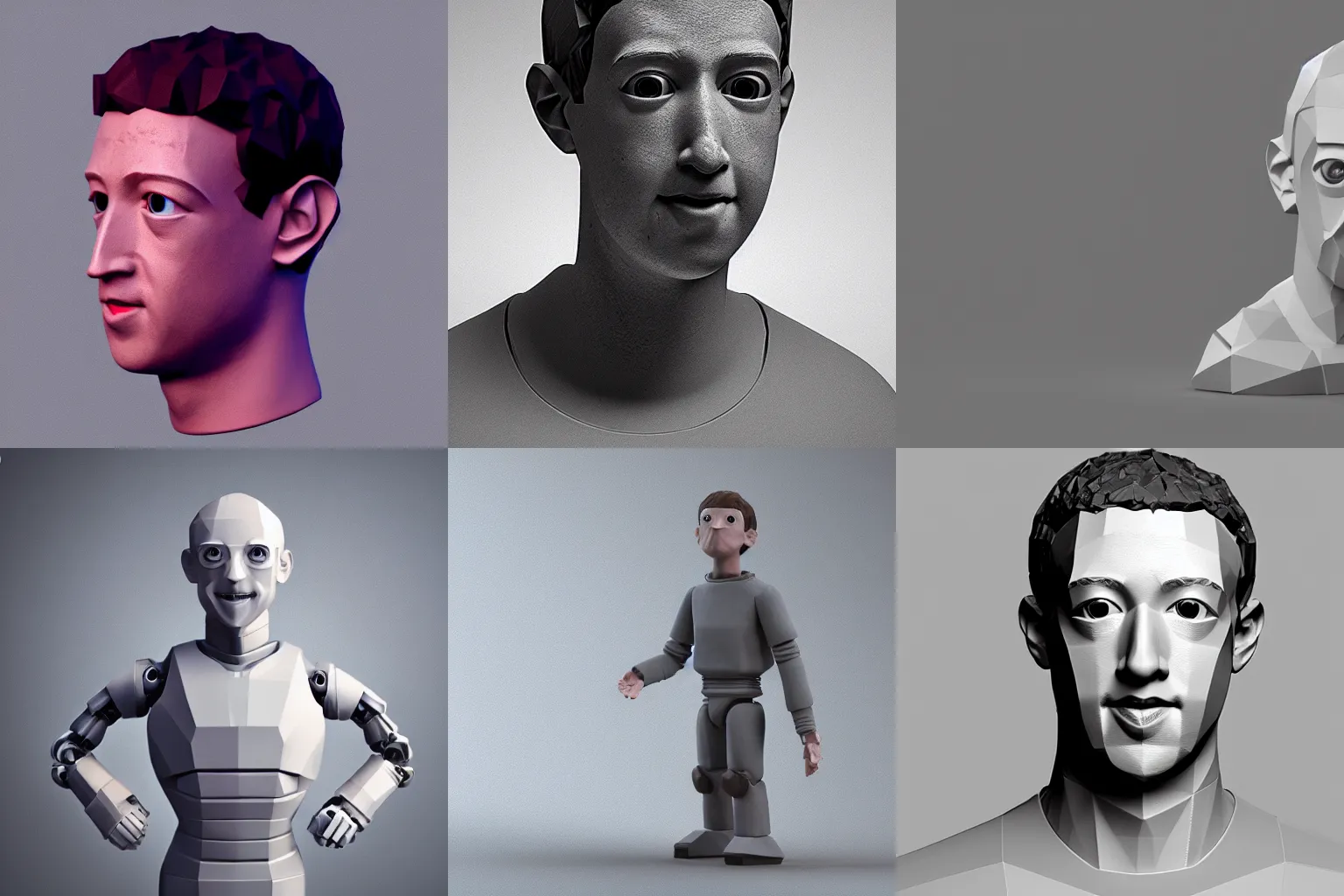 Prompt: Low poly Clay render of a cute robotic Mark Zuckerberg in a white background; trending on artstation, Octane render, Unreal Engine, highly detailed