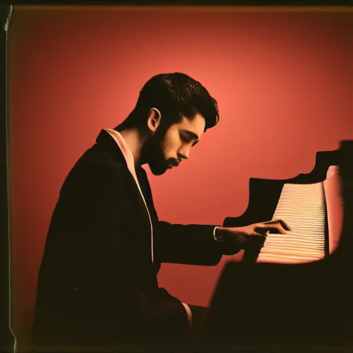 Image similar to attractive male, playing piano, low - key lighting, vaporwave, daguerrotype