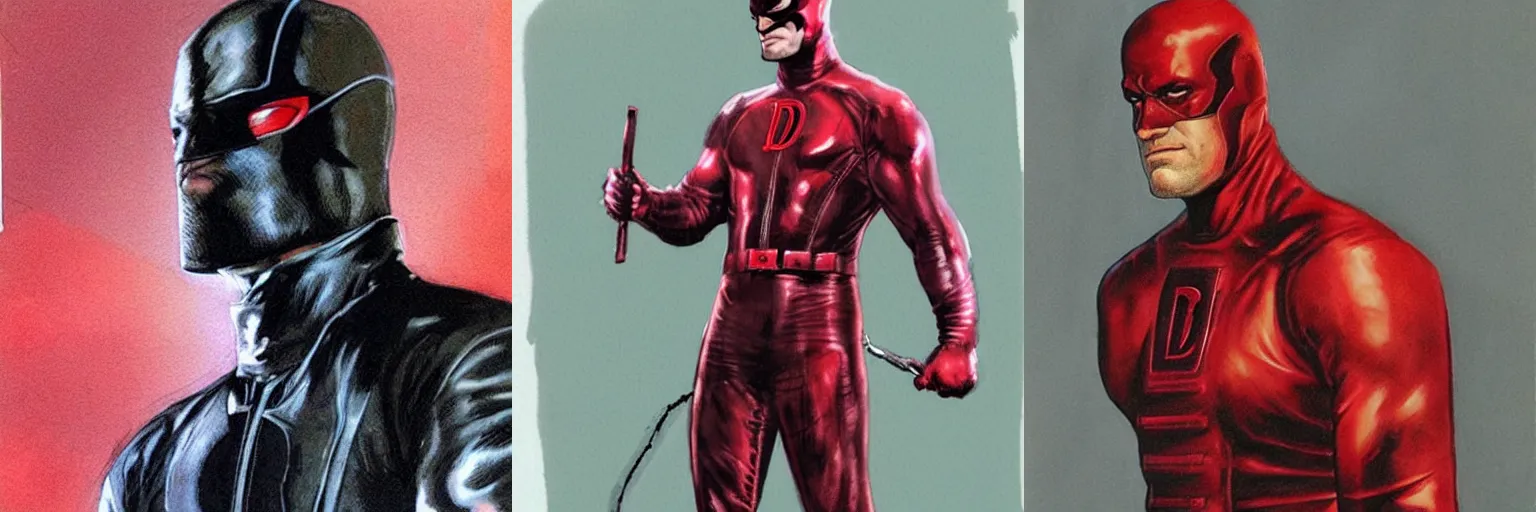 Image similar to daredevil concept art leather suit billy stick painted by travis charest