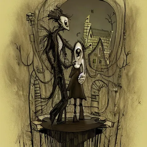 Image similar to grunge cartoon drawing of the end of the world by - michael karcz , in the style of corpse bride, loony toons style, horror themed, detailed, elegant, intricate