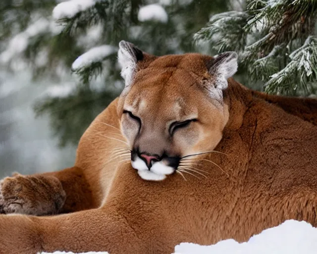 Prompt: colouring book showing 'a cougar sleeping in the middle of snowy pine tree' laying on coffee table, zoomed out shot, HD, iphone capture