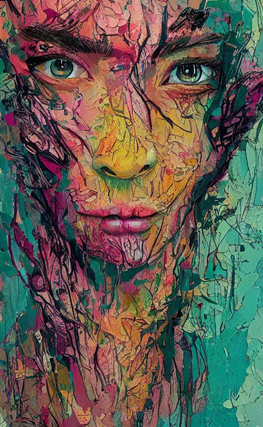 Image similar to illustration, gouache impasto of human face, blossoms, intricate, by carne griffiths