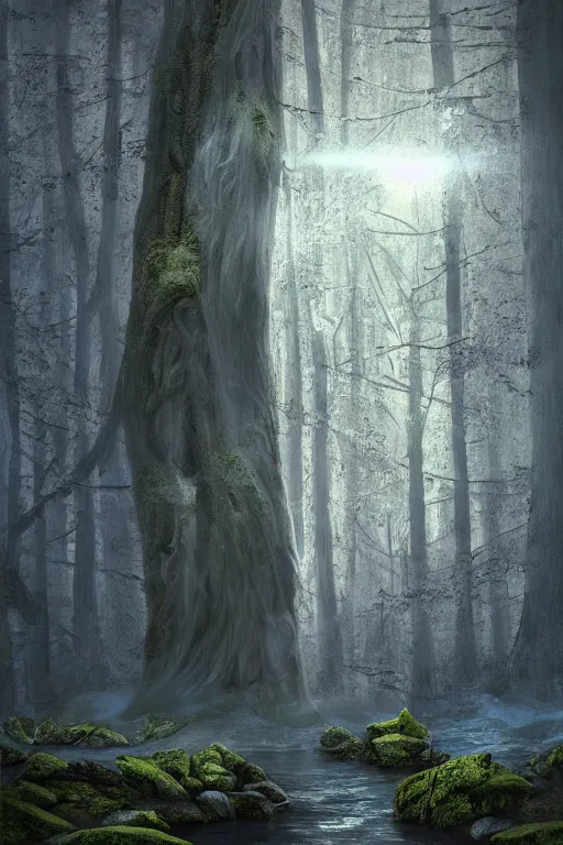 Prompt: In some of the column carved with Norse gods there is a huge glowing redwood, light filtering through the gaps in the leaves, Sparkling in the flowing creek, Tyndall effect, hone finished, concept art, fantasy, gothic cathedral, light through the mist, dramatic lighting, photorealistic, cinematic lighting, high detail, cinematic feel, high octane, 4K, Unreal Engine, digital render, intricate, ultra realistic, crepuscular ray, low angle, superwide shot, lunapunk