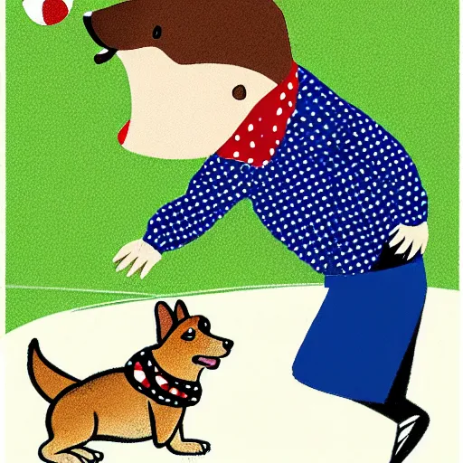 Image similar to illustration of french boy in paris playing football against a corgi, the dog is wearing a polka dot scarf