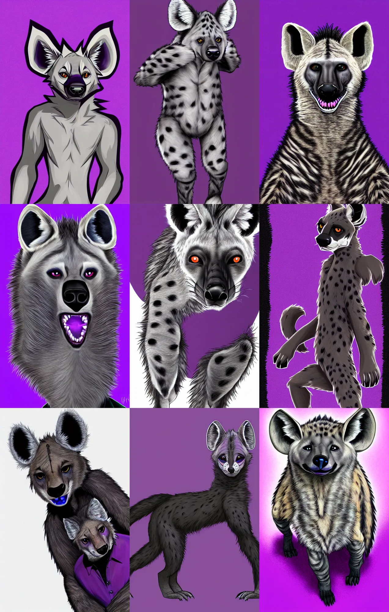 Prompt: a full - body centered front - perspective furry fursona portrait, a male hyena fursona, purple and black color scheme, trending on weasyl, high - resolution, photorealistic