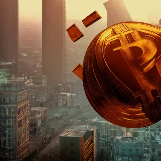 Prompt: cinematic shot of a giant rusty bitcoin broken in half falling over the city, beeple style, Christopher Nolan movie